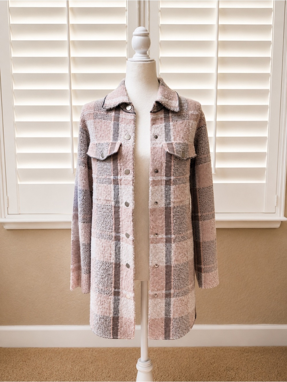 Rachel Zoe XS Plaid Longline Cardigan Shacket Pink Taupe